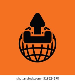 Globe with upload symbol icon. Orange background with black. Vector illustration.
