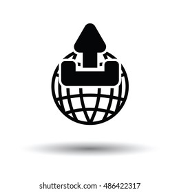 Globe with upload symbol icon. White background with shadow design. Vector illustration.