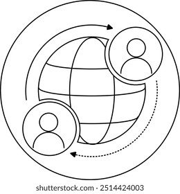 Icono de globo y usuario, comunicación internacional, Vector plano. en blanco y negro. Parte 2.