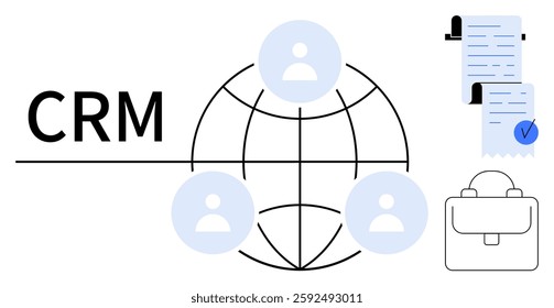 A globe with user icons represents a CRM network. Documents and a briefcase symbolize business elements. Ideal for customer management, sales, networking, business solutions, and team collaboration