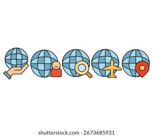 Globus und Benutzer, Kartenstift, Lupe und Ebenensymbol