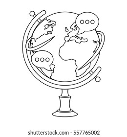 Globe of various languages icon in outline style isolated on white background. Interpreter and translator symbol stock vector illustration.