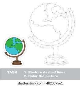 Globe in vector to be traced. Restore dashed line and color the picture. Tracing game for preschool children, easy game level.
