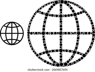 Globe vector collage of circle dots in various sizes and color tinges. Circle dots are composed into globe vector collage. Abstract vector illustration.