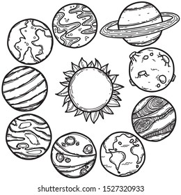 Globe Vector Doodle Planet Earth Saturn Sun and Moon, white world isolated background hand drawing