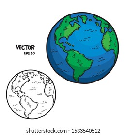 Globe Vector Doodle Style Planet Earth, White World Isolated Background Hand Drawing World