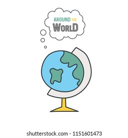 Globe vector hand drawn doodle style illustration. Around the world quote, expression.