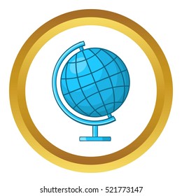 Globe vector icon in golden circle, cartoon style isolated on white background