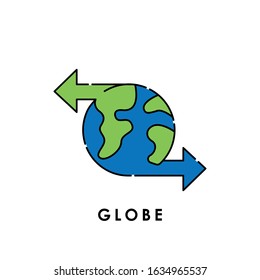 Globe vector icon. Vector illustration of World Globe with arrow. Globe vector icon, logo, symbol, sign. Flat Globe line art design isolated on white background.