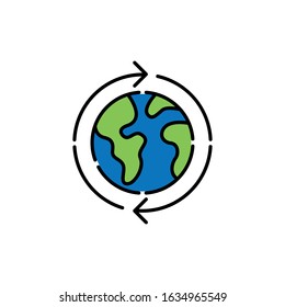Globe vector icon. Vector illustration of World Globe with arrow. Globe vector icon, logo, symbol, sign. Flat Globe line art design isolated on white background.
