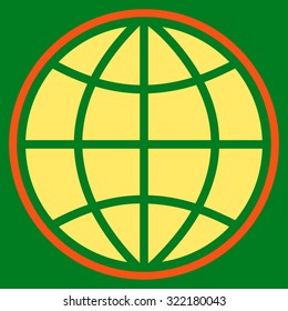 Globe vector icon. Style is bicolor flat symbol, orange and yellow colors, rounded angles, green background.