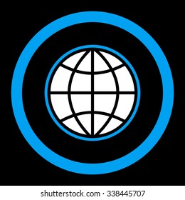Globe vector icon. Style is bicolor flat rounded symbol, blue and white colors, rounded angles, black background.