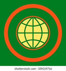 Globe vector icon. Style is bicolor flat rounded symbol, orange and yellow colors, rounded angles, green background.