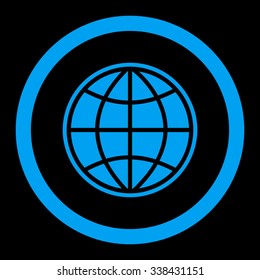 Globe vector icon. Style is flat rounded symbol, blue color, rounded angles, black background.