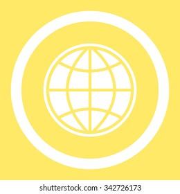 Globe vector icon. Style is flat rounded symbol, white color, rounded angles, yellow background.
