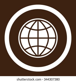 Globe vector icon. Style is flat rounded symbol, white color, rounded angles, brown background.