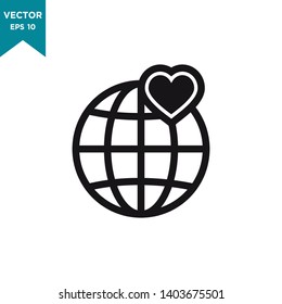 globe vector icon in trendy flat design, heart symbol , love icon 