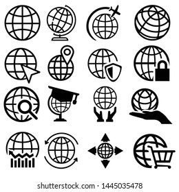 Globe vector icons set. World map icon illustration, global business logo, international communication symbol.