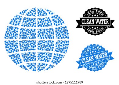 Globe vector mosaic and clean water grunge stamp. Globe created with blue water drops. Seal with grunge rubber texture for clean drinking water. Vector abstract mosaic of globe with fresh symbols.