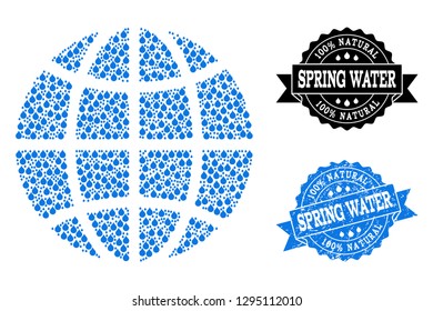 Globe vector mosaic and clean water grunge stamp. Globe designed with blue water raindrops. Seal with distress rubber texture for clean drinking water.