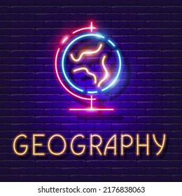 Signo de neón vector de globo. Cartel de la lección de geografía.