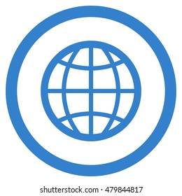 Globe vector rounded icon. Image style is a flat icon symbol inside a circle, cobalt color, white background.