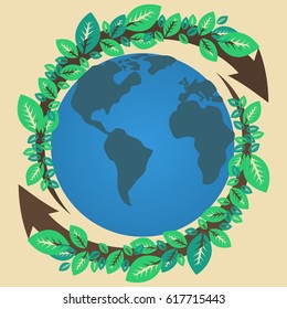 Globe Vector with Two Spinning Arrows and Leaves in Flat Style for Earth Day or Green Life Environment Related Illustration