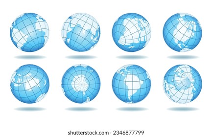 Globe views, 3d earth map set. Regions of planet earth continents america north south africa europe asia australia pole lines rounded cartography isolated vector illustration