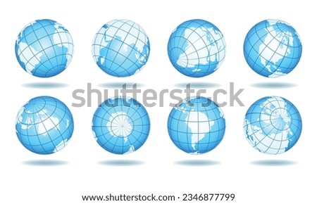 Globe views, 3d earth map set. Regions of planet earth continents america north south africa europe asia australia pole lines rounded cartography isolated vector illustration