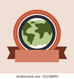 Globe vintage badge, label icon. Green planet with red ribbon.