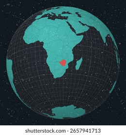 Indefinido no Globo. Olhar vintage com textura grunge riscado. Mapa do mundo no mapa da paleta de cores de Turquesa a carvão escuro. Forma indefinida no mapa. Globo com meridianos e paralelos.