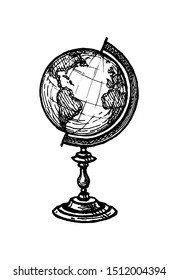 Globe. Vintage object. Ink sketch isolated on white background. Hand drawn vector illustration. Retro style.