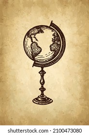 Globe. Vintage object. Ink sketch on old paper background. Hand drawn vector illustration. Retro style stroke drawing.