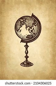 Globe. Vintage object. Ink sketch on old paper background. Hand drawn vector illustration. Retro style stroke drawing.