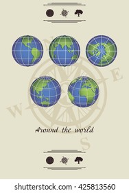 Globe vintage, world globe, vector illustration, globe, earth, circle, round light, vintage image of the earth and globes retro style map of the world