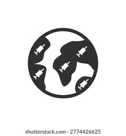 Globe with virus and syringe icons. Global vaccination and pandemic control. Monochrome black and white symbol