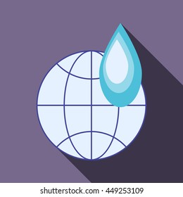 Globe and water drop icon in flat style on a lavender background