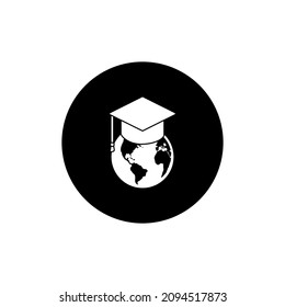 Globe wearing graduation hat circle background black color editable. Study around the world icon.