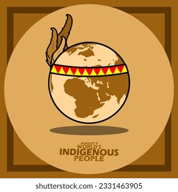 Un globo que usa un accesorio de pañuelo para la cabeza con plumas, con texto en negrita en círculo sobre fondo marrón para conmemorar a los pueblos indígenas del mundo el 9 de agosto