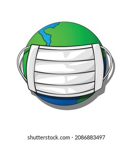 The globe wears a mask for coronavirus protection in drawing style isolated vector. Healthcare and medical concept.