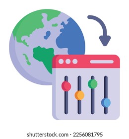 Globe with web equalizer, flat icon of hosting control 