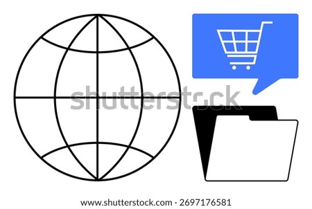 Globe and web icon, blue speech bubble with shopping cart, black file folder. Ideal for e-commerce, online stores, digital file management, global business, communication, technology, internet