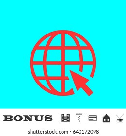 Globe web icon flat. Red pictogram on blue background. Vector illustration symbol and bonus buttons Music center, corkscrew, credit card, house, drum