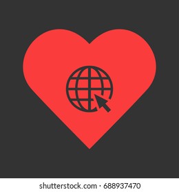 Globe web icon flat. Simple pictogram on heart background. Vector illustration symbol