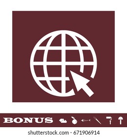 Globe web icon flat. White pictogram on brown background. Vector illustration symbol and bonus icons
