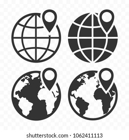 Globe Web Icon And Location Pin. Planet Earth Icon Set With Pointer Pin. 