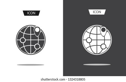 Globe web icon and location pin isolated on white background.