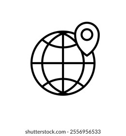 Globe web icon and location pin. Planet earth icon set with pointer pin. Globe and location icon, outline style