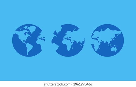 The Globe Web Page Icons - Three Earth Tellus Vector Icon Planets Blue Flat Simple Background Design - America, Asia, Europe, Oceania - Space View Poster Card Web Site