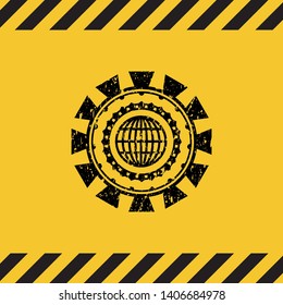 globe, website icon black grunge emblem inside yellow warning sign. Vector Illustration. Detailed.